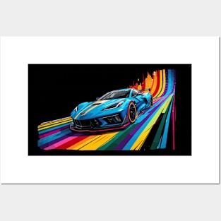 Rip Tide Blue C8 Corvette Supercar Racecar Muscle Car Rapid Blue Rainbow Road Corvette C8 Posters and Art